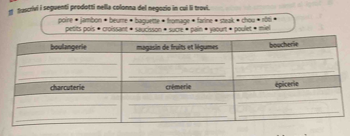 # Kascrivi i seguenti prodotti nella colonna del negozio in cui li trovi. 
poire * jambon * beurre • baguette » fromage • farine • steak • chou * rôti • 
petits pois • croissant * saucisson • sucre • pain • yaourt » poulet • miel