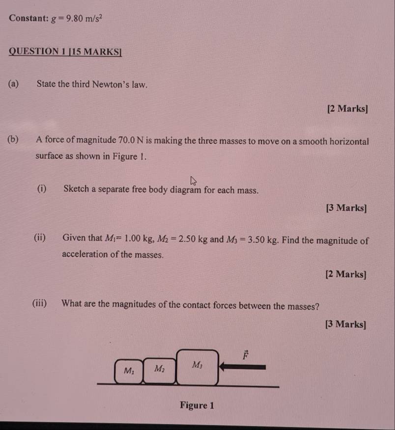 Constant: g=9.80m/s^2
QUESTION 1 [15 MARKS] 
(a) State the third Newton’s law. 
[2 Marks] 
(b) A force of magnitude 70.0 N is making the three masses to move on a smooth horizontal 
surface as shown in Figure 1. 
(i) Sketch a separate free body diagram for each mass. 
[3 Marks] 
(ii) Given that M_1=1.00kg, M_2=2.50kg and M_3=3.50kg. Find the magnitude of 
acceleration of the masses. 
[2 Marks] 
(iii) What are the magnitudes of the contact forces between the masses? 
[3 Marks]
vector F
M_1 M_2 M_3
Figure 1