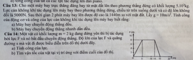 dị tổng công của tất ca các lực tác đụng lên đân piano. 
Câu 13: Cho một máy bay trực thăng dăng bay từ mặt đắt lên theo phương thắng đứng có khổi lượng 5.10^3k 2. 
Lực cản không khi tác dụng lên máy bay theo phương thắng đứng, chiều từ trên xuống dưới và có độ lớn không 
đổi là 5000N. Sau thời gian 2 phút máy bay lên được độ cao là 1440m sọ với mặt đất. Lầy g=10m/s^2. Tính công 
của động cơ và công của lực cản không khí tác dụng lên máy bay biết rằng: 
a) Máy bay chuyển động thắng đều. 
b) Máy bay chuyển động thắng nhanh dẫn đều. 
Câu 14: Một vật có khổi lượng m=2kg đang đứng yên thì bị tác dụng 1 FIM 
bởi lực F và nó bắt đầu chuyển động thắng. Độ lớn của lực F và quãng 
đường s mà vật đi được biểu diễn trên đồ thị đưới đây. 
a) Tính công của lực. 
b) Tìm vận tốc của vật tại vị trí ứng với điểm cuối của đồ thị. 2
10 12 20