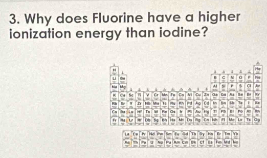 Why does Fluorine have a higher 
ionization energy than iodine?