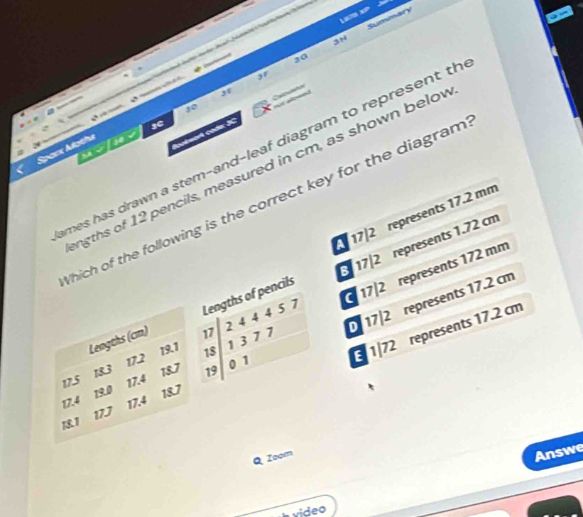 L96705 X y 
30 Summary 
3n 
30 
cnn v Ca 
3f 
_ 

,0 
not allowed 
Bookwork code; JC Calculatol 
Sparx Maths my 3C 
mes has drawn a stem-and-leaf diagram to represent th 
ngths of 12 pencils, measured in cm, as shown belov 
hich of the following is the correct key for the diagram
17/2 représents 17.2 mm
Lengths (cm) Lengths of pencils 17|2 represents 1.72 cm
17 2 4 4 4 5 7 17/2 représents 172 mm
1/72 représents 17.2 cm
19.1 1 37 7
11 17J 187 17/2 represents 17.2 cm
17.2 18
17.5 183 18.7 19
0 1
17.4
19.0
17.4 17.4
Q Zoom 
Answe 
a video