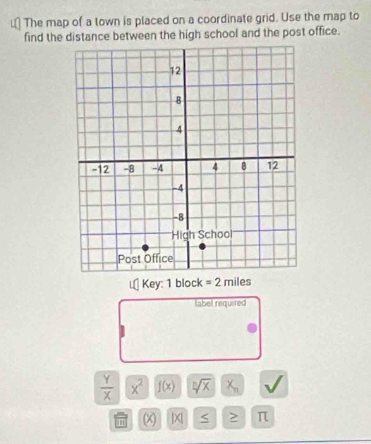 The map of a town is placed on a coordinate grid. Use the map to 
find the distance between the high school and the post office. 
Key: 1 block =2miles 
label required
 Y/X  x^2 f(x) sqrt[n](x) X_n
m x |X| <