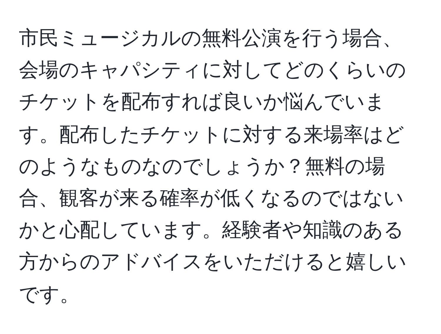 市民ミュージカルの無料公演を行う場合、会場のキャパシティに対してどのくらいのチケットを配布すれば良いか悩んでいます。配布したチケットに対する来場率はどのようなものなのでしょうか？無料の場合、観客が来る確率が低くなるのではないかと心配しています。経験者や知識のある方からのアドバイスをいただけると嬉しいです。