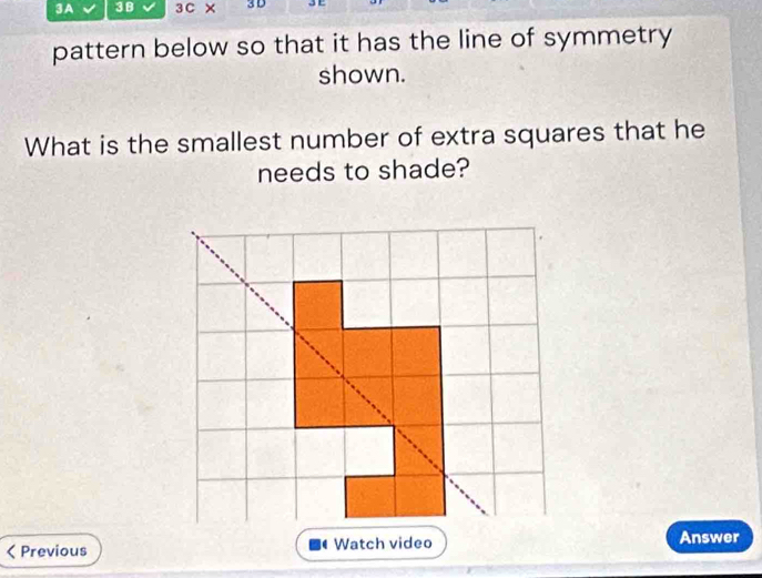 3A 38 3C × 3 D 
pattern below so that it has the line of symmetry 
shown. 
What is the smallest number of extra squares that he 
needs to shade? 
< Previous Watch video Answer