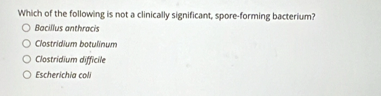 Which of the following is not a clinically significant, spore-forming bacterium?
Bacillus anthracis
Clostridium botulinum
Clostridium difficile
Escherichia coli