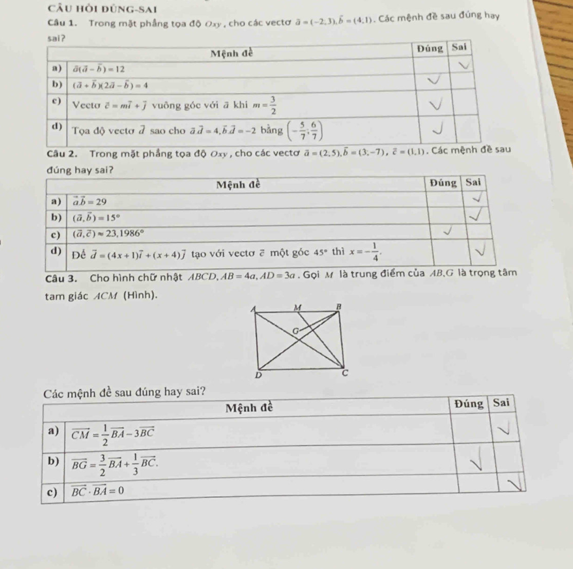 Câu hồi đùng-sai
Câu 1. Trong mặt phầng tọa độ Oxy , cho các vectơ vector a=(-2,3),vector b=(4,1). Các mệnh đề sau đúng hay
Câu 2. Trong mặt phẳng tọa độ Oxy , cho các vectơ vector a=(2;5),vector b=(3;-7),vector c=(1,1)
Câu 3. Cho hình chữ nhật ABCD, AB=4a,AD=3a
tam giác ACM (Hình).