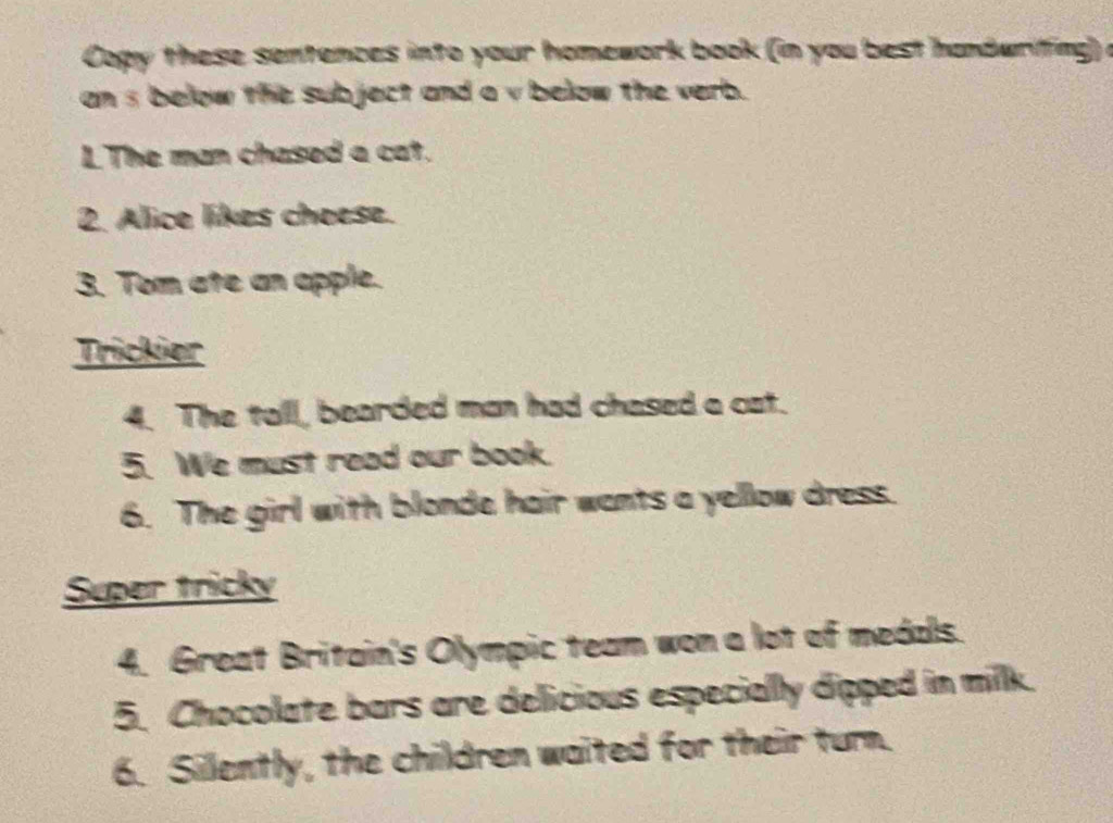 Copy these sentences into your homework book (in you best handwrifing) a 
an s below the subject and a v below the verb. 
L The man chased a cat. 
2. Alice likes cheese. 
3. Tom ate an apple. 
Trickier 
4. The tall, bearded man had chased a cat. 
5. We must read our book. 
6. The girl with blonde hair wants a yellow dress. 
Super tricky 
4. Great Britain's Olympic team won a lot of medals. 
5. Chocolate bars are delicious especially dipped in mik. 
6. Sillently, the children waited for their turn.