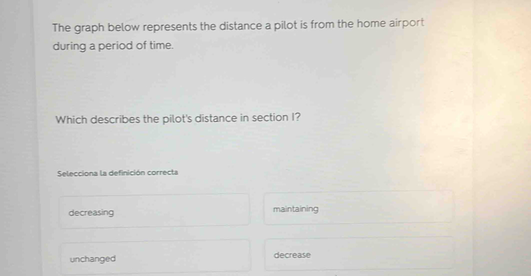 The graph below represents the distance a pilot is from the home airport
during a period of time.
Which describes the pilot's distance in section I?
Selecciona la definición correcta
decreasing maintaining
unchanged decrease