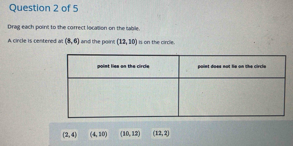 Drag each point to the correct location on the table.
A circle is centered at (8,6) and the point (12,10) is on the circle.
(2,4) (4,10) (10,12) (12,2)