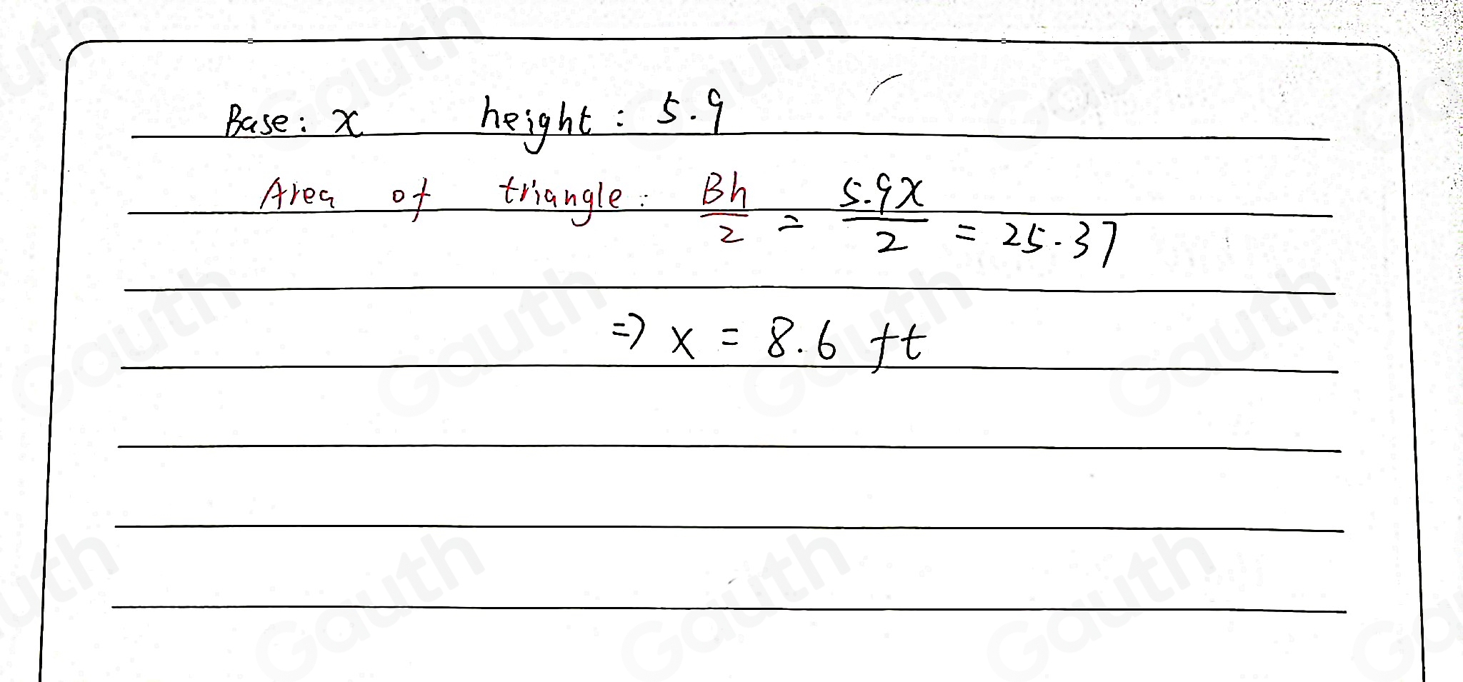 Solved: The area of the triangle below is 25.37 square feet. What is ...