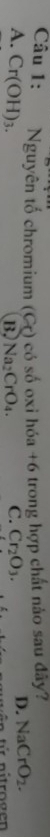 âu 1: Nguyên tố chromium ) có số oxi hóa +6 trong hợp chất nảo sau đây?
C+
A. Cr(OH)_3. C. Cr_2O_3.
D. NaCrO_2. 
BN _2CrO_4 i n tứ nitrogen