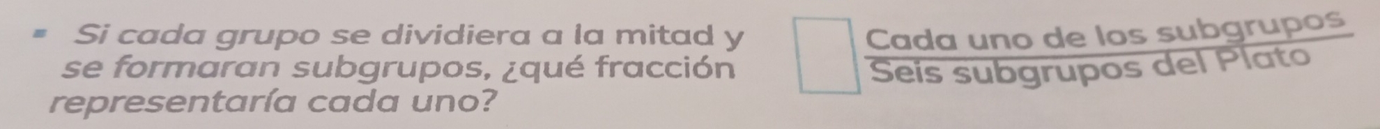 Si cada grupo se dividiera a la mitad y Cada uno de los subgrupos 
se formaran subgrupos, ¿qué fracción 
representaría cada uno? Seis subgrupos del Plato