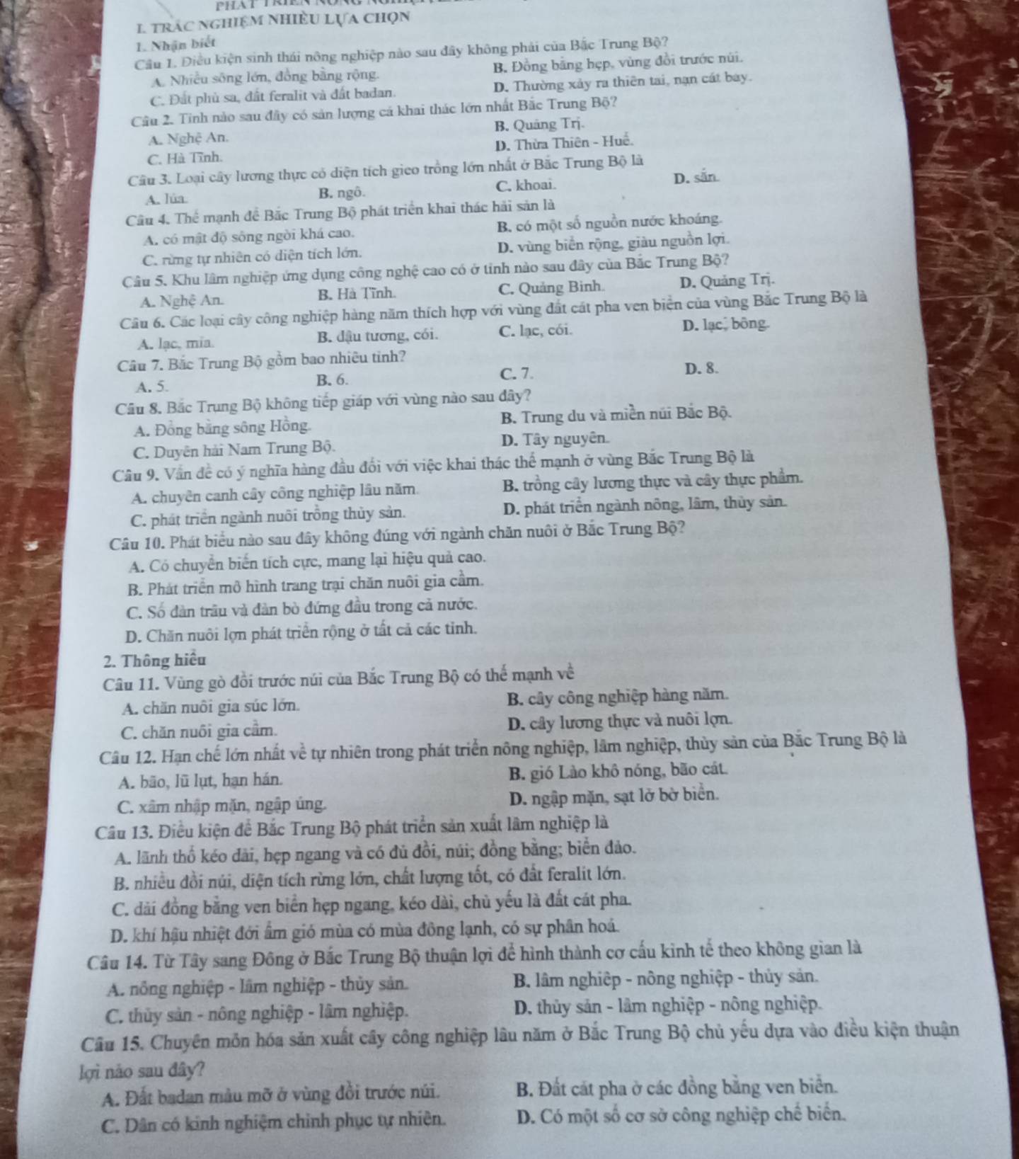 trác nghiệm nhiềU Lựa chọn
1. Nhận biết
Cầu 1. Điều kiện sinh thái nông nghiệp nào sau đây không phải của Bắc Trung Bộ?
A Nhiều sông lớn, đồng bằng rộng. B. Đồng bằng hẹp, vùng đồi trước núi.
C. Đất phù sa, đất feralit và đất badan. D. Thường xảy ra thiên tai, nạn cát bay.
Câu 2. Tinh nào sau đây có sản lượng cá khai thác lớn nhất Bắc Trung Bộ?
A. Nghệ An. B. Quāng Trj.
C. Hà Tĩnh. D. Thừa Thiên - Huế.
Câu 3. Loại cây lương thực có diện tích gieo trồng lớn nhất ở Bắc Trung Bộ là
A. lúa B. ngô. C, khoai. D. sắn
Câu 4. Thể mạnh đề Bắc Trung Bộ phát triển khai thác hải sản là
A. có mật độ sông ngời khá cao. B. có một số nguồn nước khoáng.
C. rừng tự nhiên có diện tích lớn. D. vùng biển rộng, giàu nguồn lợi.
Câu 5. Khu lâm nghiệp ứng dụng công nghệ cao có ở tỉnh nào sau đây của Bắc Trung Bộ?
A. Nghệ An. B. Hà Tĩnh. C. Quảng Binh D. Quảng Trị.
Câu 6. Các loại cây công nghiệp hàng năm thích hợp với vùng đất cát pha ven biện của vùng Bắc Trung Bộ là
A. lạc, mia. B. đậu tương, cói. C. lạc, cói. D. lạc, bông.
Câu 7. Bắc Trung Bộ gồm bao nhiêu tinh? D. 8.
A. 5. B. 6. C. 7.
Cầu 8. Bắc Trung Bộ không tiếp giáp với vùng nào sau đây?
A. Đồng bằng sông Hồng B. Trung du và miền núi Bắc Bộ.
C. Duyên hải Nam Trung Bộ. D. Tây nguyên.
Câu 9. Vấn đề có ý nghĩa hàng đầu đối với việc khai thác thể mạnh ở vùng Bắc Trung Bộ là
A. chuyên canh cây công nghiệp lâu năm B. trồng cây lương thực và cây thực phẩm.
C. phát triển ngành nuôi trồng thủy sản. D. phát triển ngành nông, lâm, thủy sản.
Câu 10. Phát biểu nào sau dây không đúng với ngành chăn nuôi ở Bắc Trung Bộ?
A. Có chuyển biến tích cực, mang lại hiệu quả cao.
B. Phát triển mô hình trang trại chăn nuôi gia cầm.
C. Số dàn trâu và đàn bò đứng đầu trong cả nước.
D. Chăn nuôi lợn phát triển rộng ở tất cả các tỉnh.
2. Thông hiểu
Câu 11. Vùng gò đồi trước núi của Bắc Trung Bộ có thể mạnh vwidehat e
A. chăn nuôi gia súc lớn. B. cây công nghiệp hàng năm.
C. chăn nuôi gia cầm. D. cây lương thực và nuôi lợn.
Câu 12. Hạn chế lớn nhất về tự nhiên trong phát triển nông nghiệp, lâm nghiệp, thủy sản của Bắc Trung Bộ là
A. bão, lũ lụt, hạn hán. B. gió Lào khô nóng, bão cát.
C. xâm nhập mặn, ngập ủng. D. ngập mặn, sạt lở bờ biển.
Câu 13. Điều kiện để Bắc Trung Bộ phát triển sản xuất lâm nghiệp là
A. lãnh thổ kéo đài, hẹp ngang và có đủ đồi, núi; đồng bằng; biển đảo.
B. nhiều đồi núi, diện tích rừng lớn, chất lượng tốt, có đất feralit lớn.
C. dài đồng bằng ven biển hẹp ngang, kéo dài, chủ yếu là đất cát pha.
D. khí hậu nhiệt đới ẩm gió mùa có mùa đồng lạnh, có sự phân hoá.
Câu 14. Từ Tây sang Đông ở Bắc Trung Bộ thuận lợi để hình thành cơ cấu kinh tế theo không gian là
A. nông nghiệp - lâm nghiệp - thủy sản.  B. lâm nghiệp - nông nghiệp - thủy sản.
C. thủy sản - nông nghiệp - lâm nghiệp.  D. thủy sản - lâm nghiệp - nông nghiệp.
Câu 15. Chuyên mỗn hóa sản xuất cây công nghiệp lâu năm ở Bắc Trung Bộ chủ yếu dựa vào điều kiện thuận
lợi nǎo sau đây?
A. Đất badan màu mỡ ở vùng đổi trước núi. B. Đất cát pha ở các đồng bằng ven biển.
C. Dân có kinh nghiệm chinh phục tự nhiên. D. Có một số cơ sở công nghiệp chế biển.