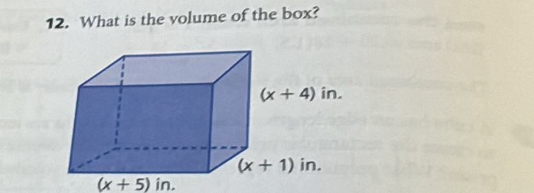 What is the volume of the box?
(x+5)in.