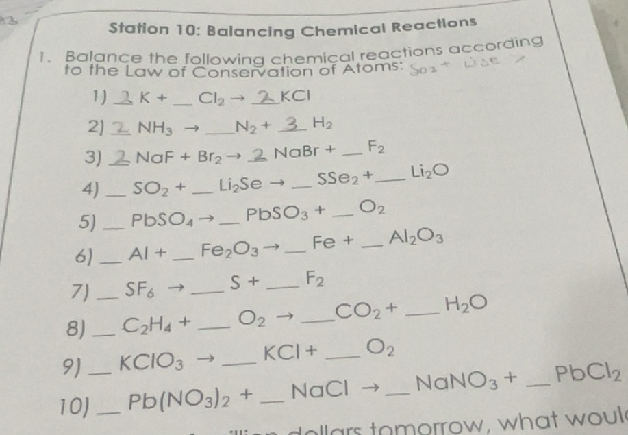 Solved: Station 10: Balancing Chemical Reactions 1. Balance the ...