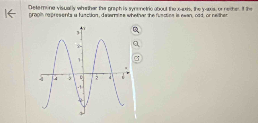 Determine visually whether the graph is symmetric about the x-axis, the y-axis, or neither. If the 
graph represents a function, determine whether the function is even, odd, or neither