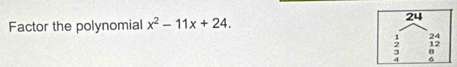 Factor the polynomial x^2-11x+24.