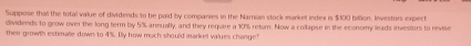 Suppose that the total value of dividends to be paid by companies in the Namian stock market index is $100 billion. Investors expect 
dividends to grow over the long term by 5% annually, and they require a 10% retur. Now a collapse in the economy leads investors to revise 
their growth estimae down to 4%. By how much should market vrues change