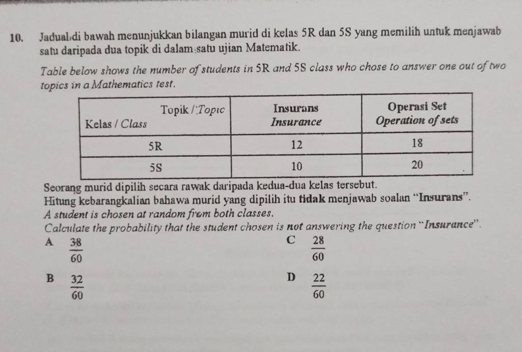 Jadual di bawah menunjukkan bilangan murid di kelas 5R dan 5S yang memilih untuk menjawab
satu daripada dua topik di dalam satu ujian Matematik.
Table below shows the number of students in 5R and 5S class who chose to answer one out oftwo
topics in a Mathematics test.
Seorang murid dipilih secara rawak daripada kedua-dua kelas tersebut.
Hitung kebarangkalian bahawa murid yang dipilih itu tidak menjawab soalan “Insurans”.
A student is chosen at random from both classes.
Calculate the probability that the student chosen is not answering the question “Insurance”.
A  38/60 
C  28/60 
B  32/60 
D  22/60 