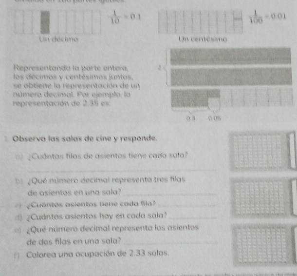  1/10 =0.1
 1/100 =0.0
Un décimo Un centésimo
Representando la parte entera,
los décimos y centésimos juntos,
se obtiene la representación de un
número decimal. Por ejempto, la
representación de 2.35 es
0 4 0 0%
Observa las salas de cine y responde.
Cuántas filas de asientos tiene cada sala?
_
¿Qué número decimal representa tres filas
de asientos en una sala?_
Cuántos asientos tiene cada fila_
¿Cudntos asientos hay en cada sala?_
¿Qué número decimal representa los asientos
de das flas en una sala?_
* Colorea una ocupación de 2.33 salas.