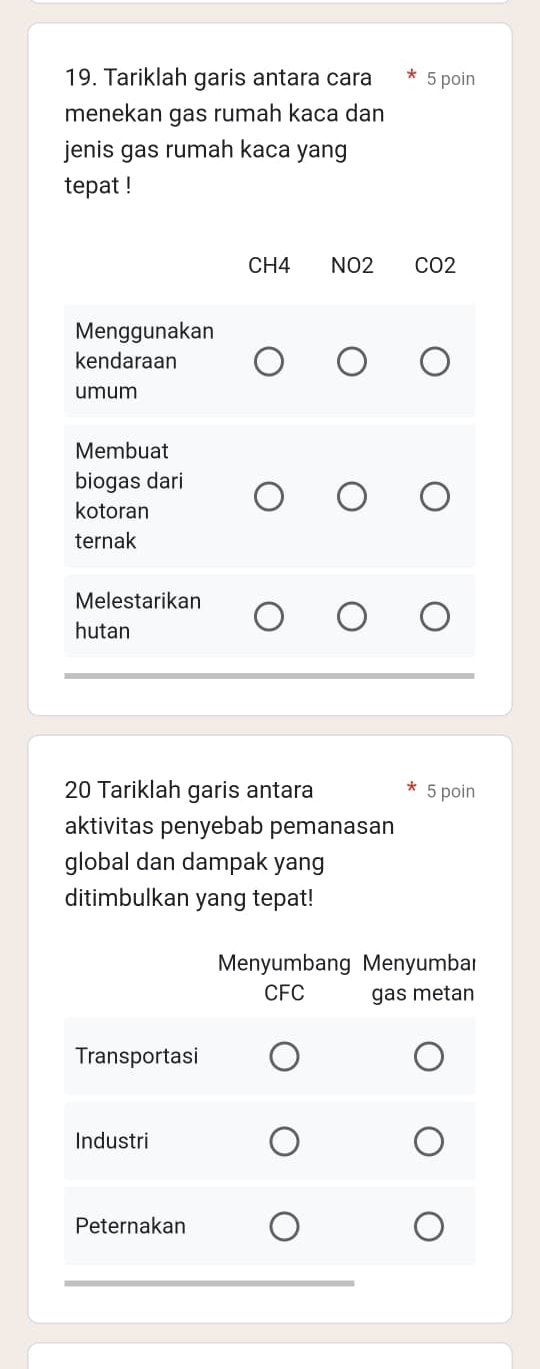 Tariklah garis antara cara 5 poin 
menekan gas rumah kaca dan 
jenis gas rumah kaca yang 
tepat ! 
CH4 NO2 CO2 
Menggunakan 
kendaraan 
umum 
Membuat 
biogas dari 
kotoran 
ternak 
Melestarikan 
hutan
20 Tariklah garis antara 5 poin 
aktivitas penyebab pemanasan 
global dan dampak yang 
ditimbulkan yang tepat! 
Menyumbang Menyumba 
CFC gas metan 
Transportasi 
Industri 
Peternakan