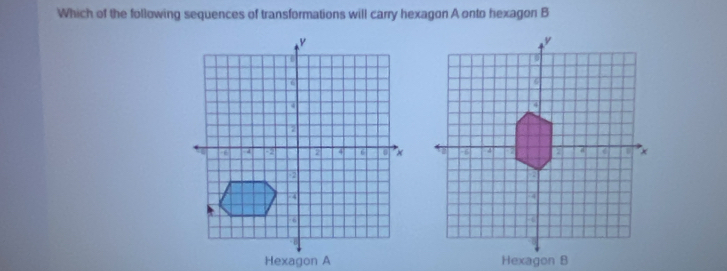 Which of the following sequences of transformations will carry hexagon A onto hexagon B