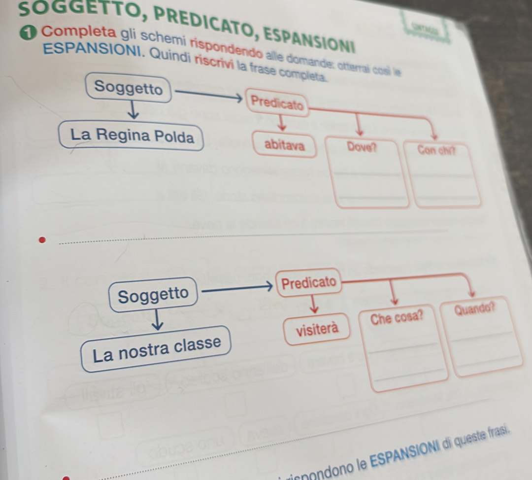 SOGGETTO, PREDICATO, ESPANSIONI 
tamts 
* Completa gli schemi ríspondendo alle domande: otterrai cosi le 
ESPANSIONI. Quindi riscrivi la frase completa. 
Soggetto Predicato 
La Regina Polda abitava Dove? Con chi? 
_ 
_ 
_ 
_ 
_ 
_ 
Soggetto Predicato 
_ 
La nostra classe visiterà _Che cosa? _Quando? 
_ 
_ 
coondono le ESPANSIONI di queste frasí