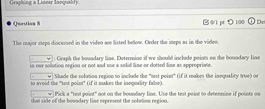 Graphing a Linear Inequality. 
Question 8 0/1 pt つ 100 De 
The major steps discussed in the video are listed below. Order the steps as in the video. 
: Graph the boundary line. Determine if we should include points on the boundary line 
in our solution region or not and use a solid line or dotted line as appropriate. 
Shade the solution region to include the "test point" (if it makes the inequality true) or 
to avoid the "test point" (if it makes the inequality false). 
Pick a "test point" not on the boundary line. Use the test point to determine if points on 
that side of the boundary line represent the solution region.