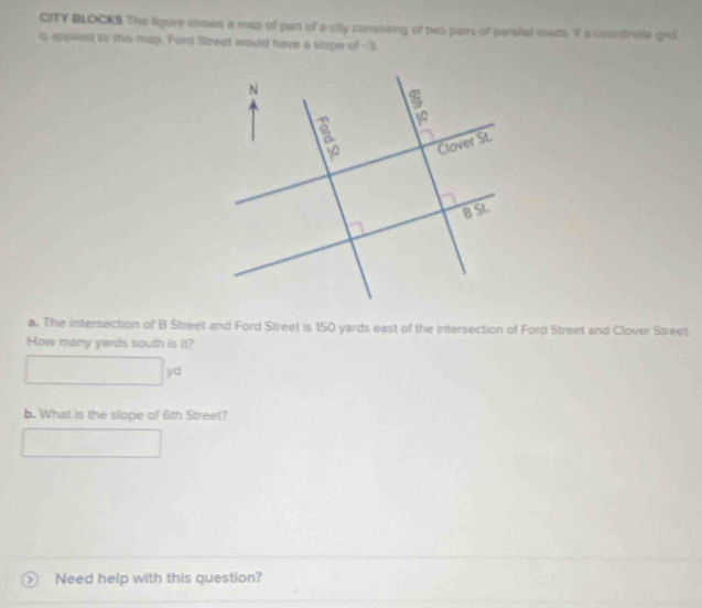 CITY BLOCKS The figure shown a map of part of a city consssing of two pairs of parsiel mads. If a coordiralle gad 
o, appled to the map. Ford Street would have a slope of -3. 
a. The intersection of B Street and Ford Street is 150 yards east of the intersection of Ford Street and Clover Street. 
How many yards south is it? 
b. What is the slope of 6th Street? 
> Need help with this question?