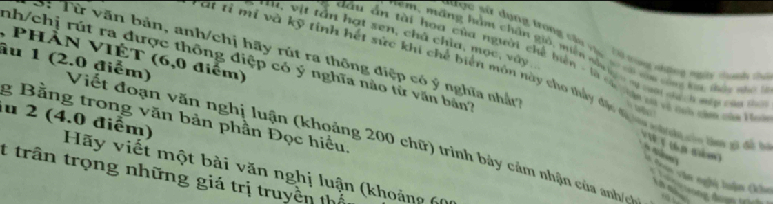 Tu, vịt tần hạt sen, chà chìa, mọc, vây.. 
sược sử dụng trong c â à Uhộ trưnng nhường ngờy chanh chứ 
, PHằN VIÉT (6,0 điểm) 
3: Từ văn bản, anh/chị hãy rút ra thông điệp có ý nghĩa nhất 
em, máng hàm chân gio, miền nẫu bự n ny qgài nach mêy chêm tà 
đầu ấn tài hoa của người chế biến - là các mận ci về tih tia tủn h 
âu 1 (2.0 điểm) nh/chị rút ra được thông điệp có ý nghĩa nào từ văn bản'' 
ct tỉ mi và kỹ tính hết sức khi chế biển môn này cho thảy đặc c aa vah củo lo xi đề 
Mờ vhi sòm công Kua: thứy nh là 

g Bằng trong văn bản phần Đọc hiều 
u 2 (4.0 điểm) 
Viết đoạn văn nghị luận (khoảng 200 chữ) trình bảy cảm nhận của anh/e 
V Vê1 (69 diểm) đượ vat ngghệ tuện Ch 
Hãy viết một bài văn nghị luận (khoảng 6 
t trần trọng những giá trị truyền thị 
Ca acong đượg te