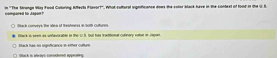 In "The Strange Way Food Coloring Affects Flavor?", What cultural significance does the color black have in the context of food in the U.S.
compared to Japan?
Black conveys the idea of freshness in both cultures.
Black is seen as unfavorable in the U.S. but has traditional culinary value in Japan.
Black has no significance in either culture.
Black is always considered appealing