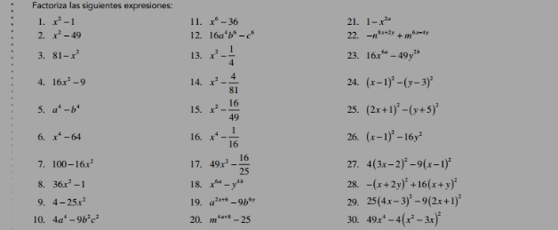 Factoriza las siguientes expresiones: 
1. x^2-1 11. x^6-36 21. 1-x^(2a)
2. x^2-49 12. 16a^4b^6-c^6 22. -n^(8x+2y)+m^(6x-4y)
3. 81-x^2 13. x^2- 1/4  23. 16x^(6a)-49y^(2b)
4. 16x^2-9 14. x^2- 4/81  24. (x-1)^2-(y-3)^2
5. a^4-b^4 15. x^2- 16/49  25. (2x+1)^2-(y+5)^2
6. x^4-64 16. x^4- 1/16  26. (x-1)^2-16y^2
7. 100-16x^2 17. 49x^2- 16/25  27. 4(3x-2)^2-9(x-1)^2
8. 36x^2-1 18. x^(6a)-y^(4b) 28. -(x+2y)^2+16(x+y)^2
9. 4-25x^2 19. a^(2x+6)-9b^(6y) 29. 25(4x-3)^2-9(2x+1)^2
10. 4a^4-9b^2c^2 20. m^(4a+8)-25 30. 49x^4-4(x^2-3x)^2