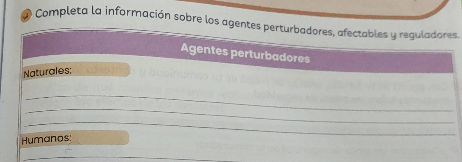 Completa la información sobre los agentes perturbadores, afectables y reguladores. 
Agentes perturbadores 
Naturales: 
_ 
_ 
_ 
Humanos: