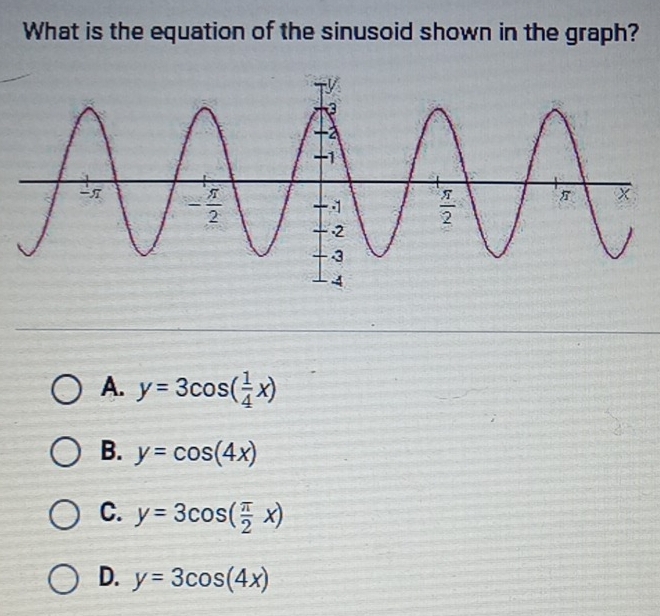 What is the equation of the sinusoid shown in the graph?
A. y=3cos ( 1/4 x)
B. y=cos (4x)
C. y=3cos ( π /2 x)
D. y=3cos (4x)