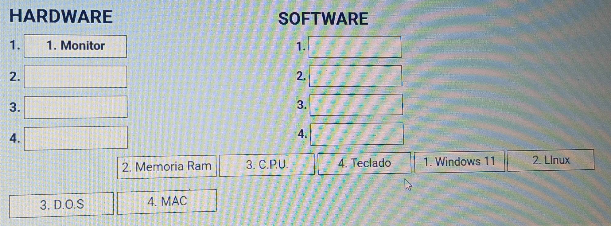 HARDWARE SOFTWARE 
1. 1. Monitor 1. 
2. 
2. 
3. 
3. 
4. 
4. 
2. Memoria Ram 3. C.P.U. 4. Teclado 1. Windows 11 
2. Llnux 
3. D.O.S 4. MAC