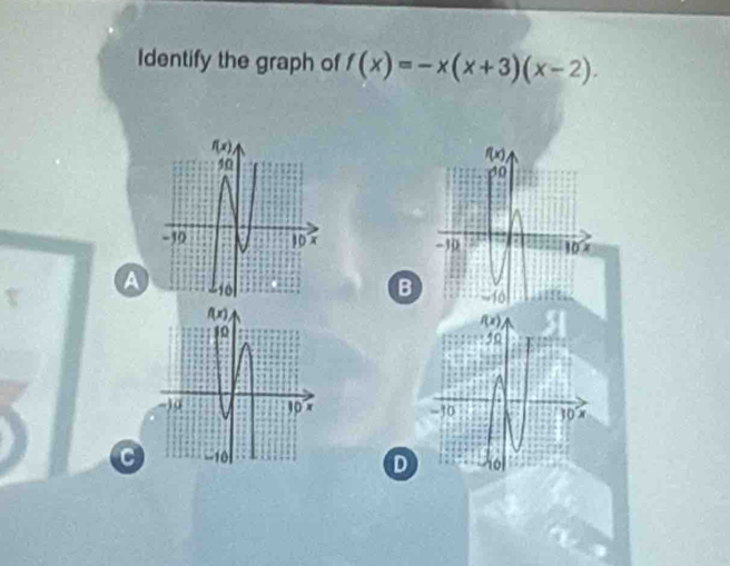 Identify the graph of f(x)=-x(x+3)(x-2).

A
B

C
D