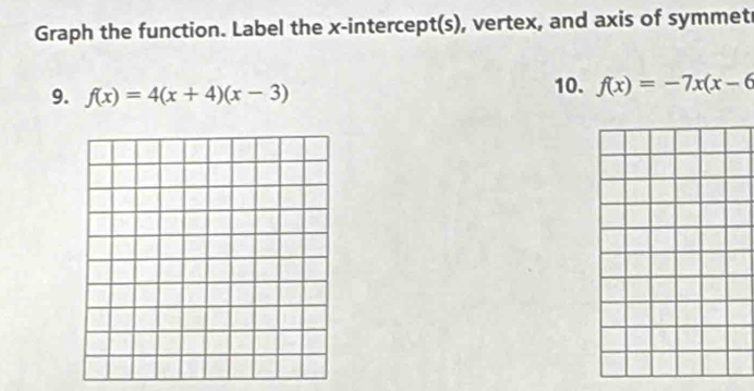 Graph the function. Label the x-intercept(s), vertex, and axis of symmetr 
9. f(x)=4(x+4)(x-3) 10. f(x)=-7x(x-6