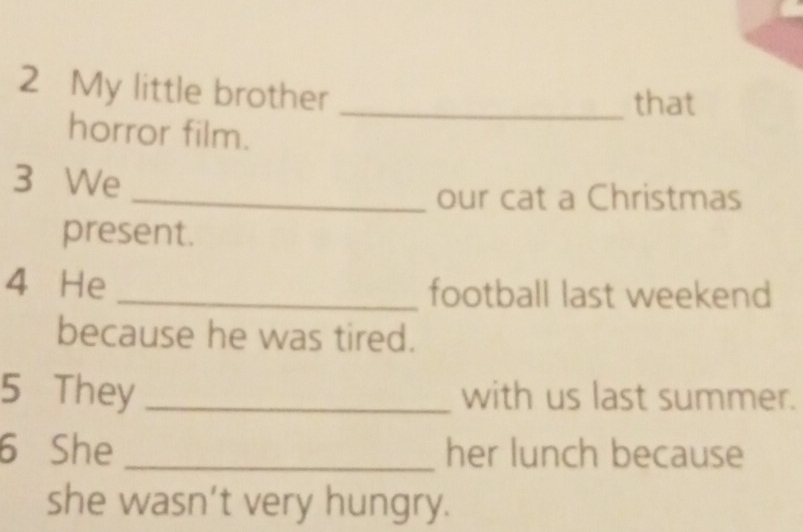 My little brother _that 
horror film. 
3 We 
_our cat a Christmas 
present. 
4 He _football last weekend 
because he was tired. 
5 They _with us last summer. 
6 She _her lunch because 
she wasn’t very hungry.