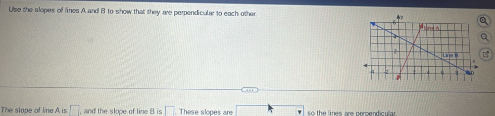 Use the slopes of lines A and B to show that they are perpendicular to each other. 
The slope of line A is □ , and the slope of line B is □. . These slopes are □ +□ so the lines are perpendicular .