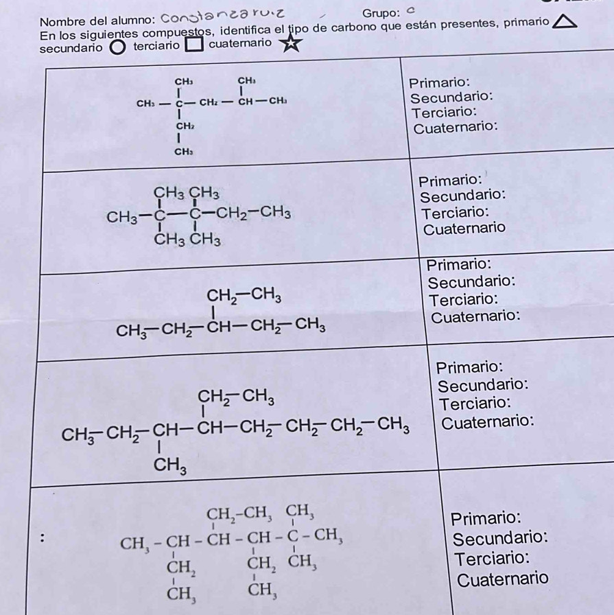 Nombre del alumno: Grupo:
s compuestos, identifica el tipo de carbono que están presentes, primario