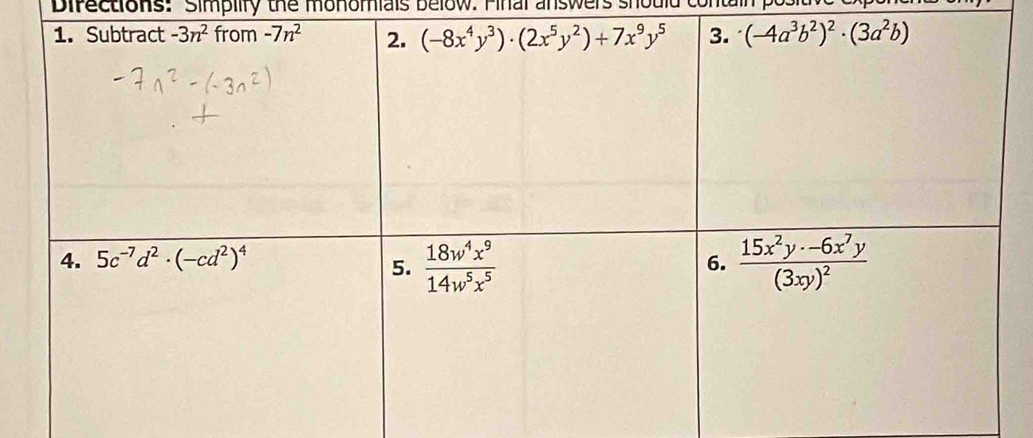 Directions: Simpiify the monomials below. Final answers si