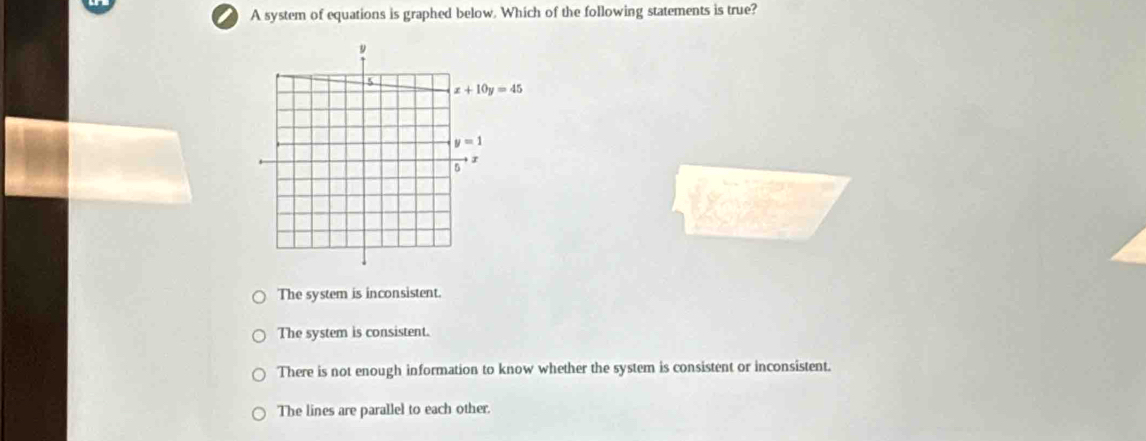 A system of equations is graphed below. Which of the following statements is true?
The system is inconsistent.
The system is consistent.
There is not enough information to know whether the system is consistent or inconsistent.
The lines are parallel to each other.