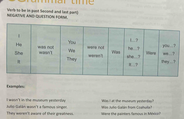 a r t e 
Verb to be in past Second and last part) 
NEGATIVE AND QUESTION FORM. 
Examples: 
I wasn’t in the museum yesterday Was I at the museum yesterday? 
Julio Galán wasn’t a famous singer. Was Julio Galán from Coahuila? 
They weren’t aware of their greatness. Were the painters famous in México?