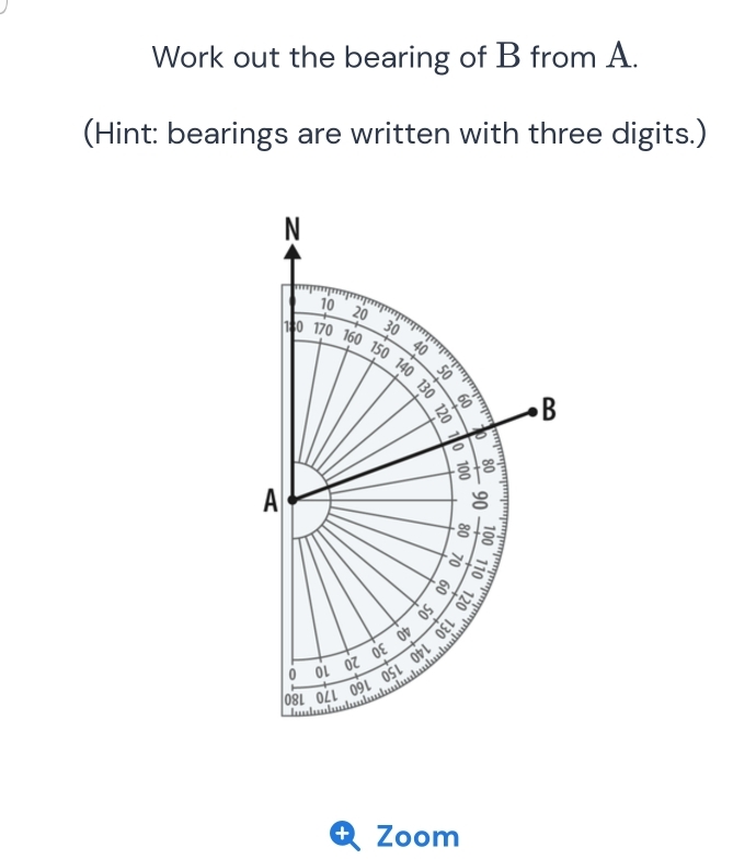 Work out the bearing of B from A. 
(Hint: bearings are written with three digits.) 
+ Zoom