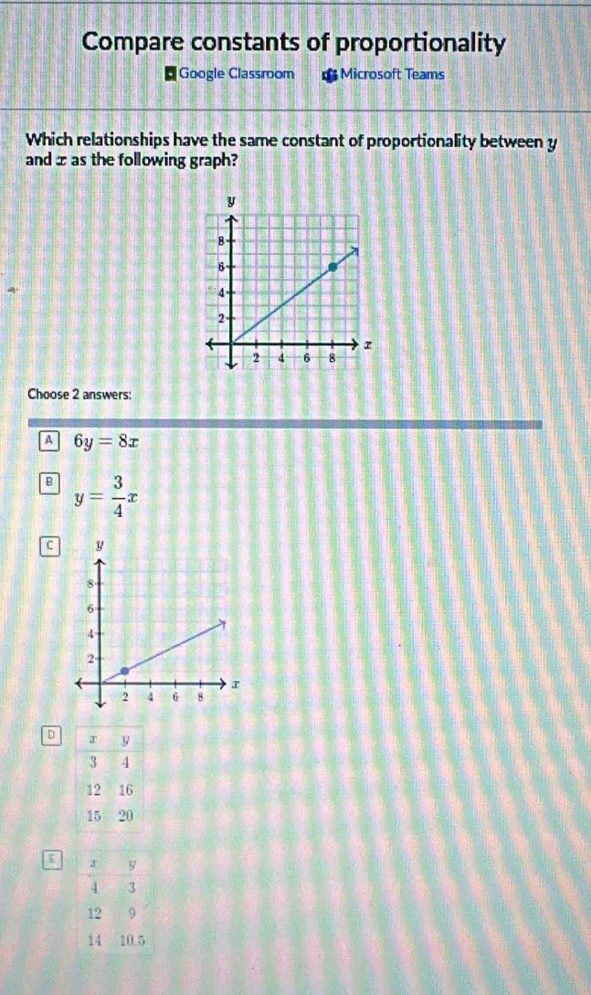 Compare constants of proportionality
[Google Classroom * Microsoft Teams
Which relationships have the same constant of proportionality between y
and zas the following graph?
Choose 2 answers:
A 6y=8x
B y= 3/4 x
C
D
B