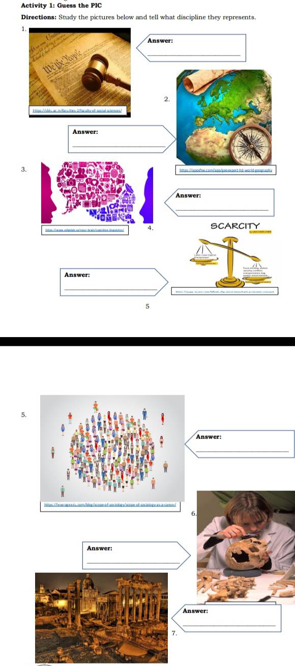 Activity 1: Guess the PIC 
Directions: Study the pictures below and tell what discipline they represents. 
3 
5