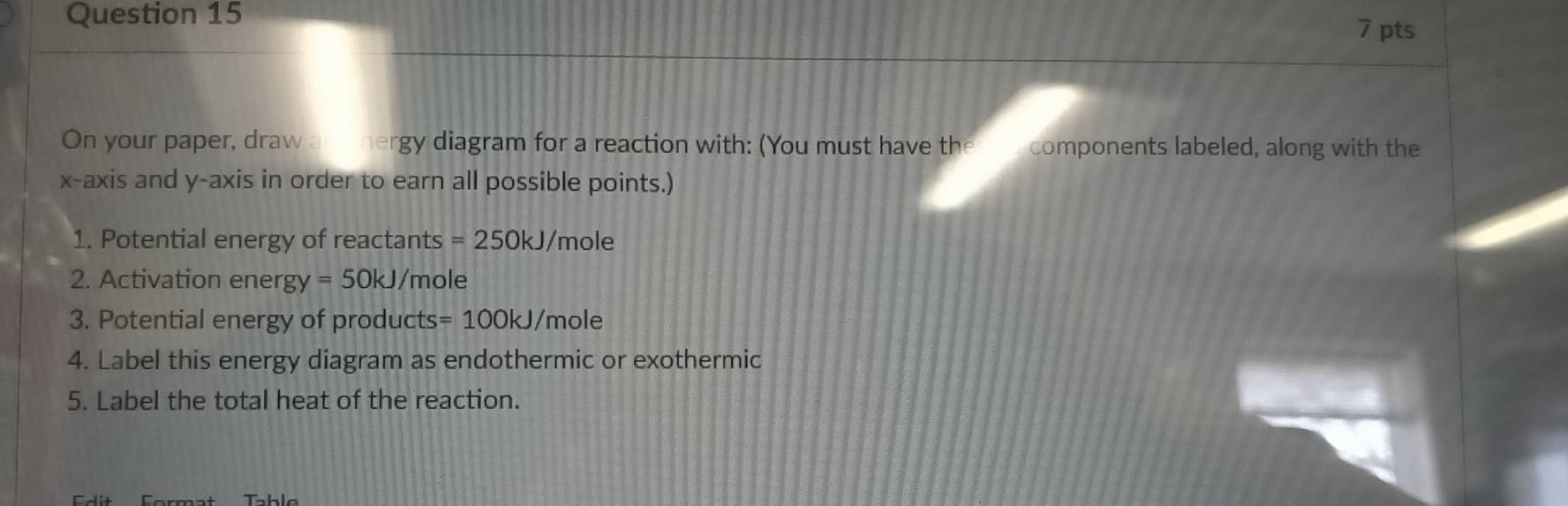 On your paper, draw an e nergy diagram for a reaction with: (You must have the o components labeled, along with the 
x-axis and y-axis in order to earn all possible points.) 
1. Potential energy of reactants =250kJ/ /mole
2. Activation ener gy=50kJ /mole
3. Potential energy of products =100kJ /mole
4. Label this energy diagram as endothermic or exothermic 
5. Label the total heat of the reaction.