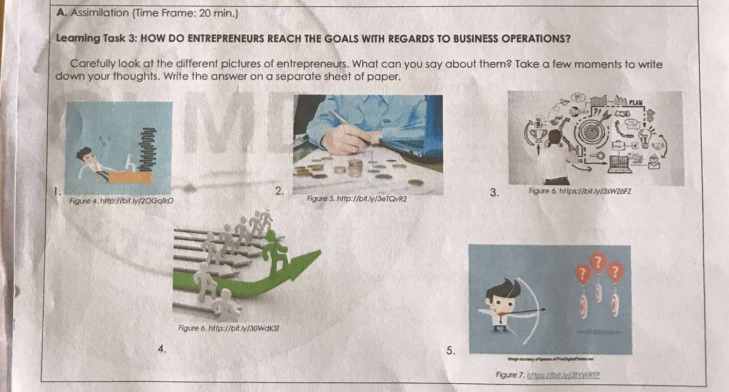 Assimilation (Time Frame: 20 min.) 
Learning Task 3: HOW DO ENTREPRENEURS REACH THE GOALS WITH REGARDS TO BUSINESS OPERATIONS? 
Carefully look at the different pictures of entrepreneurs. What can you say about them? Take a few moments to write 
down your thoughts. Write the answer on a separate sheet of paper. 
2. 
3. 
1.Figure 6. https://bit.ly/3sWZ6F2 
Figure 4. http://bit.ly/20GqlkO 
4. 
5. 
Figure 7. https://bit.ly/3tYWRTP