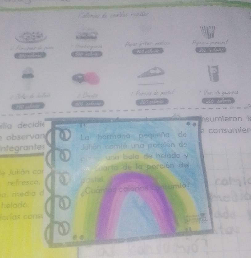 Calemas de comidas nápidas

2 Porctns de pèca Newbarguezs Popas fríñar meiiana Rapeora peratral''

401 ealemer
500 eafewas 
_ 
Balar de haleóo 2 Douats : Perción de pastel Varo de gareosa 
a
208 e40 é 200 eutored 
ilia decidie nsumieron 
observan La hermaña pequeña de e consumier 
integrantes Julión comió una porción de 
una bola de helado y 
le Julián cor uarto de la porción del 
refresco, 
postel 
a. media d ¿Cuantas calarias consumió? 
helado. 
lorías consu