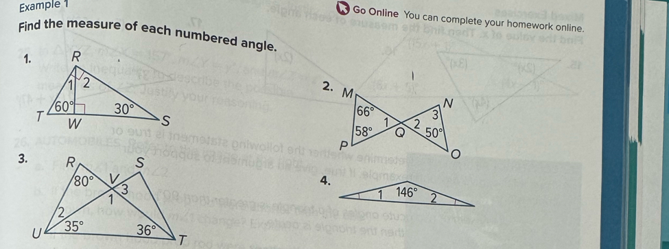 Example 1
Go Online You can complete your homework online.
Find the measure of each numbered angle.
4.
1 146° 2